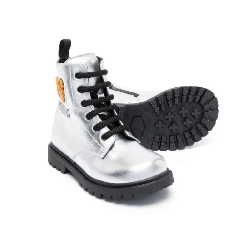 Moschino Kids New NIB Metallic Silver Teddy Boots Combat Lace Up Booties Sz 29